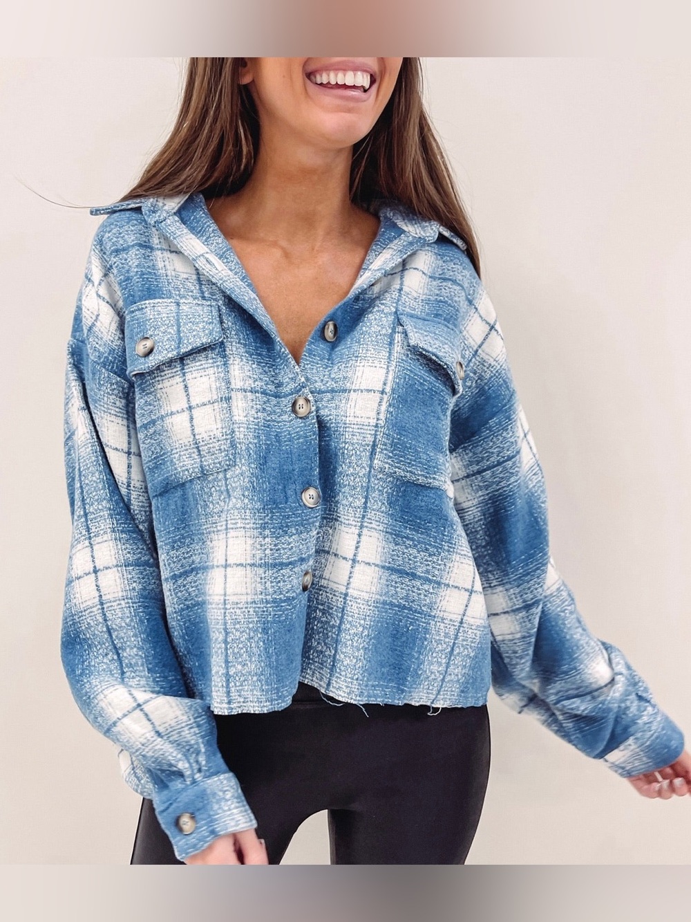 $65 NWOT Blue B collection Cleo Shacket in light blue plaid, L